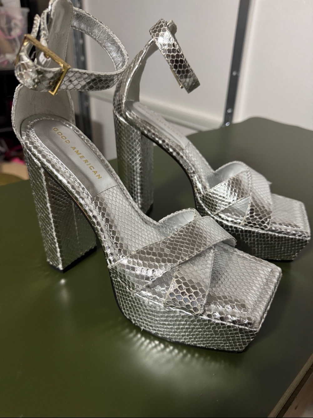 NWOT Good American Silver Block Platform Heels with Ankle Strap 8.5